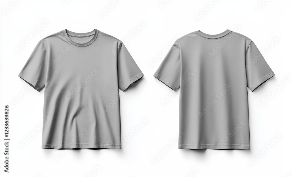 Gray t-shirt mockup, front and back views, isolated on white background. Gray t-shirt mockup, front and back views, isolated on white background.