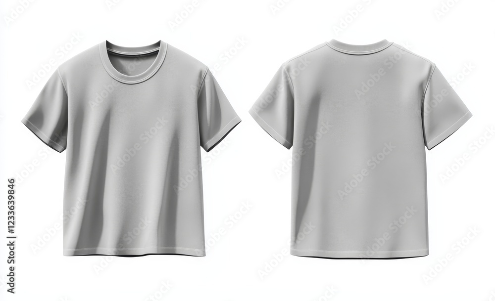 Grey t-shirt mockup, front and back views, isolated on white. Grey t-shirt mockup, front and back views, isolated on white.