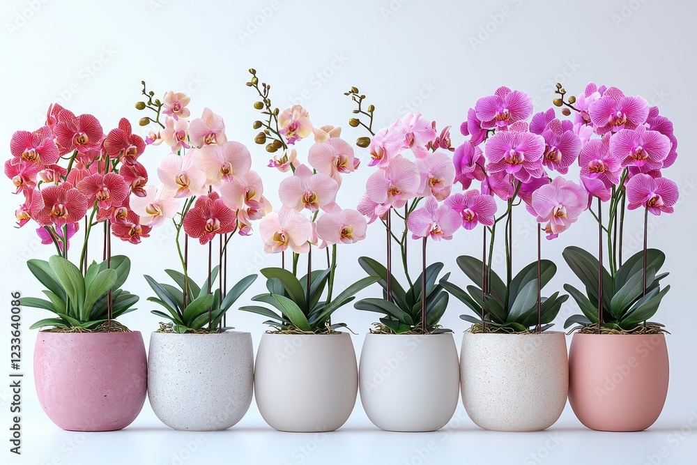 Naklejka premium A collection of colorful orchids in decorative pots.