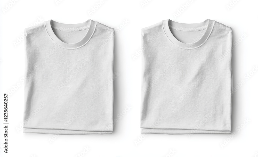 Two neatly folded white crew neck t-shirts on white background. Two neatly folded white crew neck t-shirts on white background.