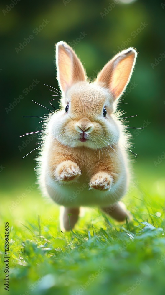 Fototapeta premium Playful Rabbit Leaping Joyfully in a Vibrant Sunlit Meadow Filled with Wildflowers