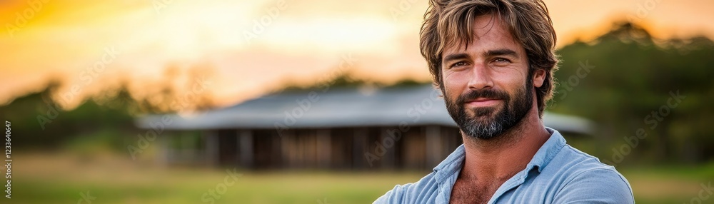 Fototapeta premium Man smiling sunset rural home