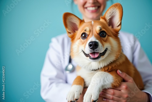 A Joyful Veterinarian Holding a Happy Corgi Dog Against a Light Blue Background, Capturing the Bond Between Pet and Caregiver in a Friendly Clinic Environment photo