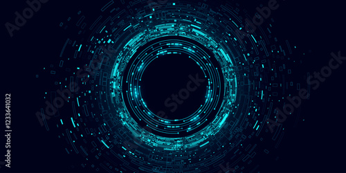 Big data visualization. Swirling digital circles with web fragments and circuit board frame. Futuristic background. Information particles in a neural network. Vector illustration. EPS 10