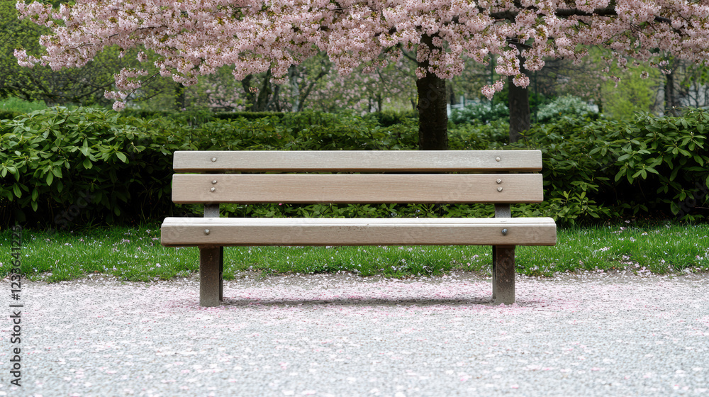 park bench under cherry blossom tree with pink petals scattered around