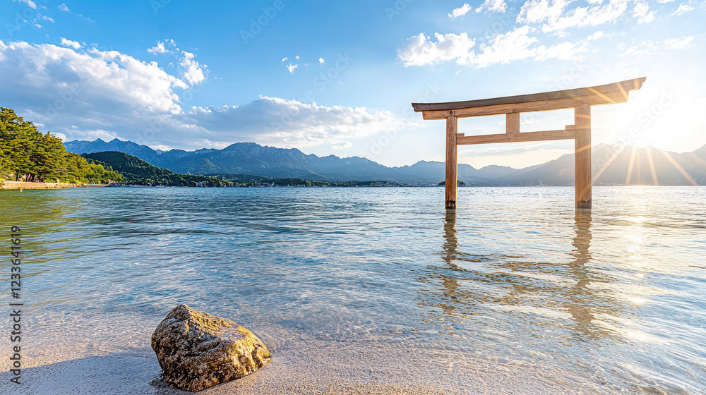 serene torii gate stands in calm water, framed by mountains and sunlight serene torii gate stands in calm water, framed by mountains and sunlight