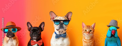Fashionable pets showcase their stylish looks with accessories against a bright gradient backdrop