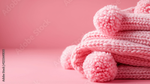 Soft and cozy pom-pom blanket folded neatly on pastel pink background, perfect for a warm and stylish touch to any room decor