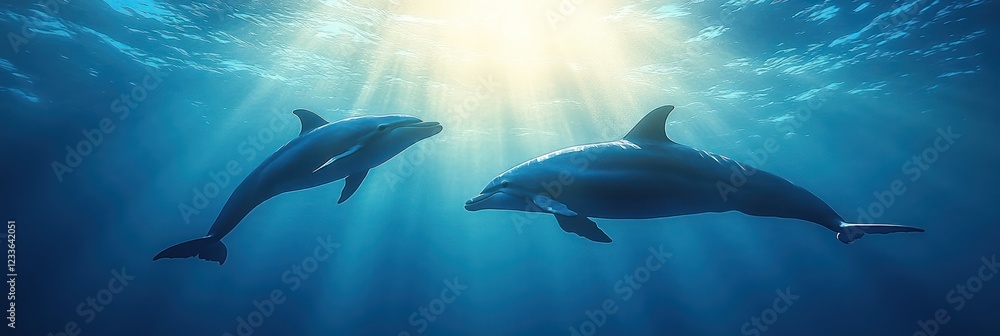 Fototapeta premium Oceanic Serenity: Two Dolphins Gracefully Swimming in Sunlit Waters