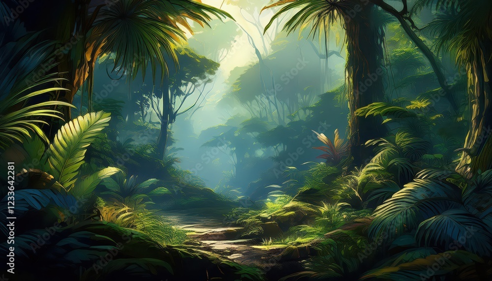 Vibrant Tropical Jungle Backdrop A Lush Atmosphere Immersion with Rich Greenery and Exotic Textures, Perfect for Digital Art, Home Decor, or Design Inspiration. Vibrant Tropical Jungle Backdrop A Lush Atmosphere Immersion with Rich Greenery and Exotic Textures, Perfect for Digital Art, Home Decor, or Design Inspiration.