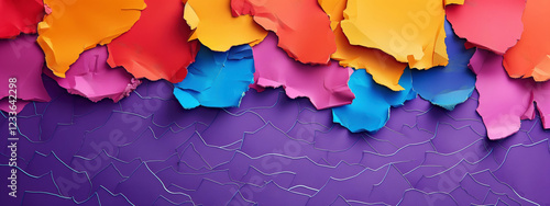 Vibrant abstract composition of colorful torn paper pieces on a purple background with a clear area for text application