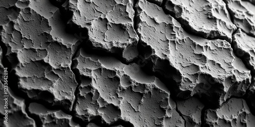 A mesmerizing mosaic of cracks on a black and white, textured surface. The upper shadows deepen, creating an intriguing contrast with the lighter lower section, inviting the eye to explore its intrica photo