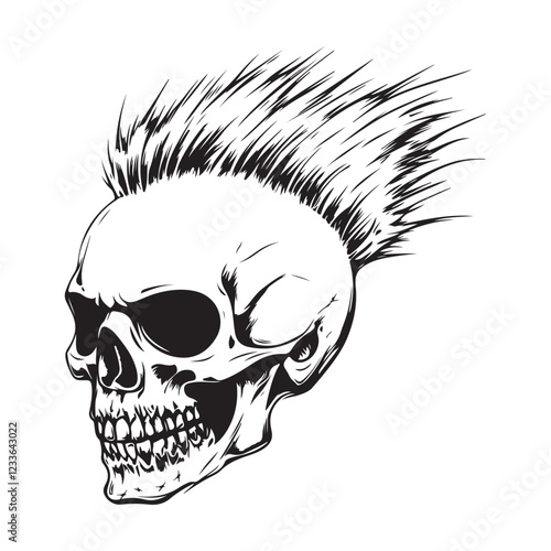 Skull Punk with Mohawk hair hand drawn image vector illustration on white background.