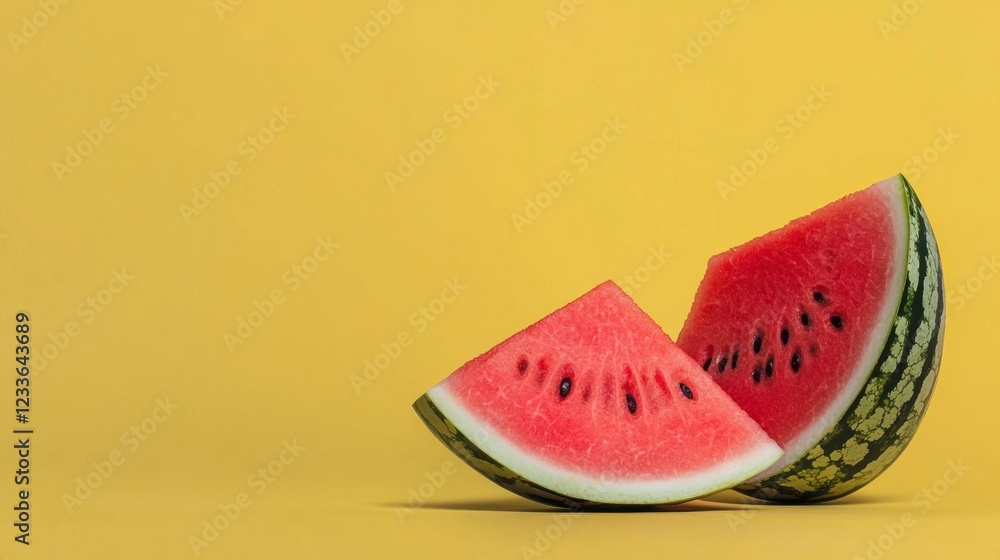 Juicy Watermelon Slices Summer Fruit Yellow Background Refreshing Snack Food Photograp Juicy Watermelon Slices Summer Fruit Yellow Background Refreshing Snack Food Photograp