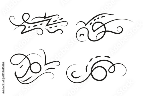 Vintage Filigree Swirls, calligraphy font style Decorative Elements, Text Ornaments curly thin line swings swashes, Flourishes Swirls, text divider, flourish Swirl ornament stroke, scroll design