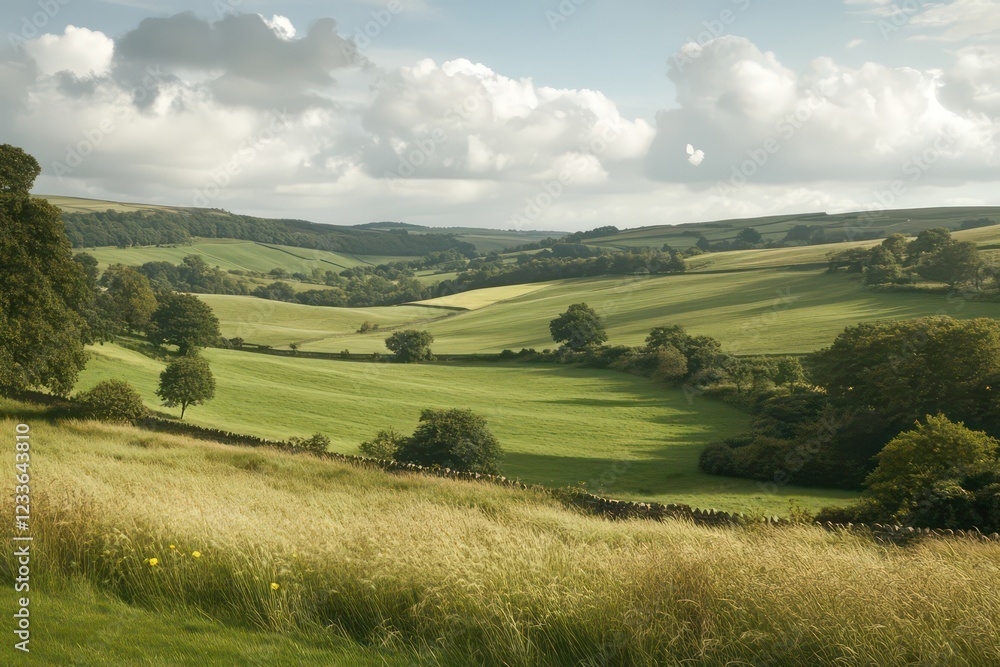 A serene summer scene with lush green fields and moving clouds casting soft shadows over rolling hills. A serene summer scene with lush green fields and moving clouds casting soft shadows over rolling hills.