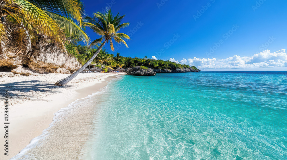 Fototapeta premium scenic beach with palm trees swaying under clear blue sky