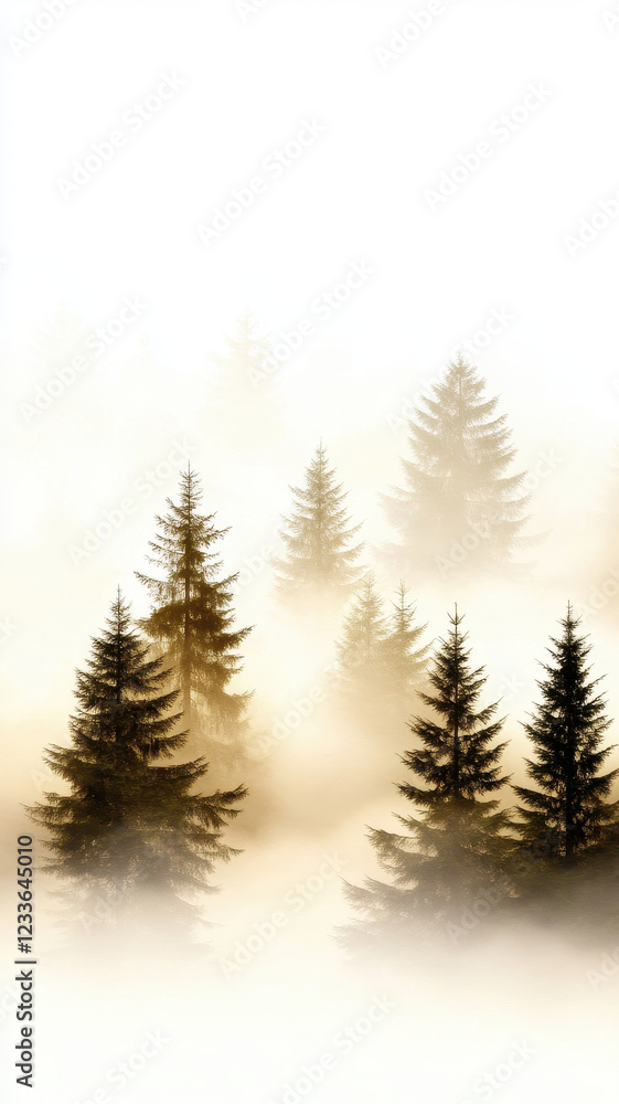 Obraz premium Golden sunrise over misty pine forest creates serene atmosphere, with soft warm light illuminating trees. tranquil scene evokes sense of peace and calm