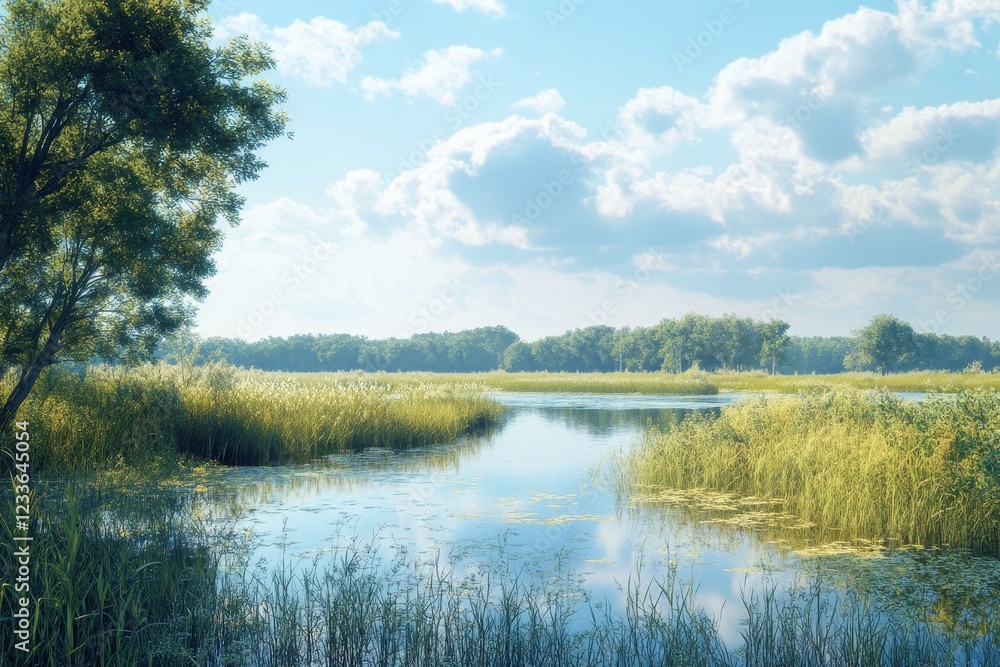 Sunny River Landscape Calm water, lush reeds, tranquil summer scene, idyllic background for travel brochures Sunny River Landscape Calm water, lush reeds, tranquil summer scene, idyllic background for travel brochures