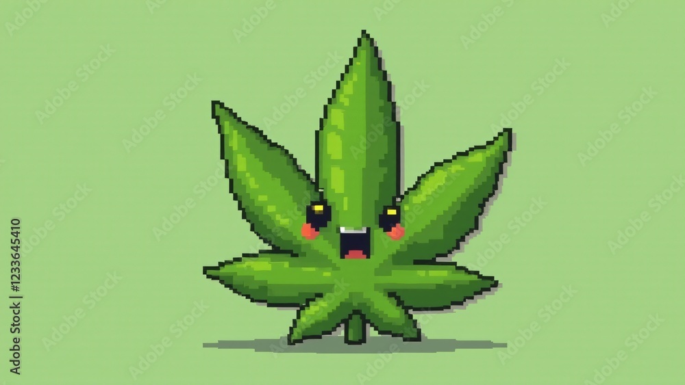 custom made wallpaper toronto digitalA marijuana leaf transformed into a pixelated character with eyes and a mouth. The playful character has a cartoonish look with simple animations like blinking, maintaining natural colors.
