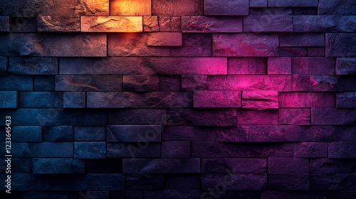 Dark Brick Wall Texture  Neon Purple and Orange Lights  Abstract Background