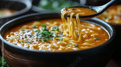 Spicy noodle soup, close-up, delicious, Asian cuisine, dark background, food photography photo