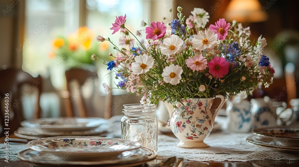Charming Floral Bouquet Adorning a Rustic Dining Table with Elegant Tableware Charming Floral Bouquet Adorning a Rustic Dining Table with Elegant Tableware