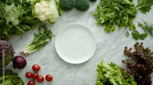 Fresh raw greens, vegetables and grains over light grey marble kitchen countertop, wtite ceramic plate in center
 photo