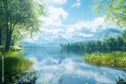 Serene mountain lake, summer sun, trees, reflection, idyllic landscape, nature poster