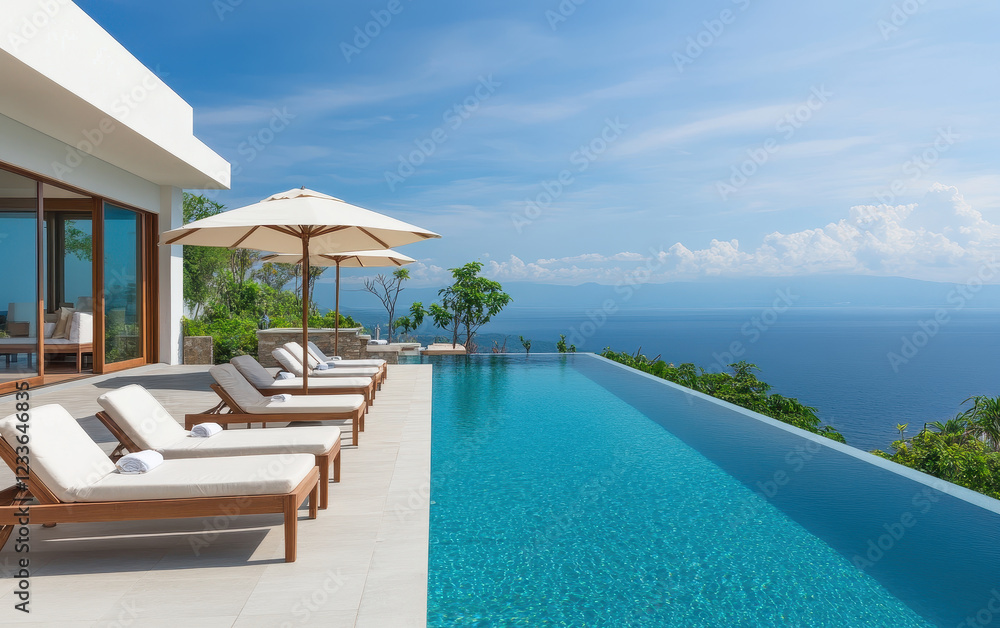 Fototapeta premium Luxurious infinity pool overlooking tropical coastline with sun loungers and umbrellas, perfect for relaxation and enjoying stunning views