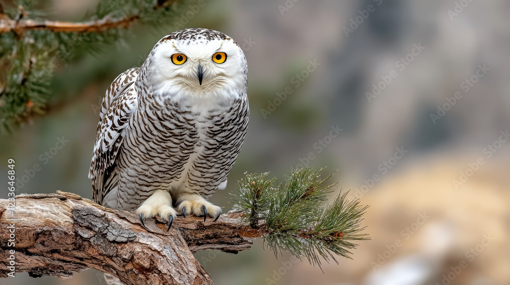 Fototapeta premium Majestic snowy owl perched on pine tree in winter landscape