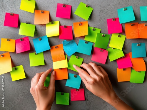 Hands Organizing Colorful Sticky Notes on a Gray Surface in an Office Workspace photo