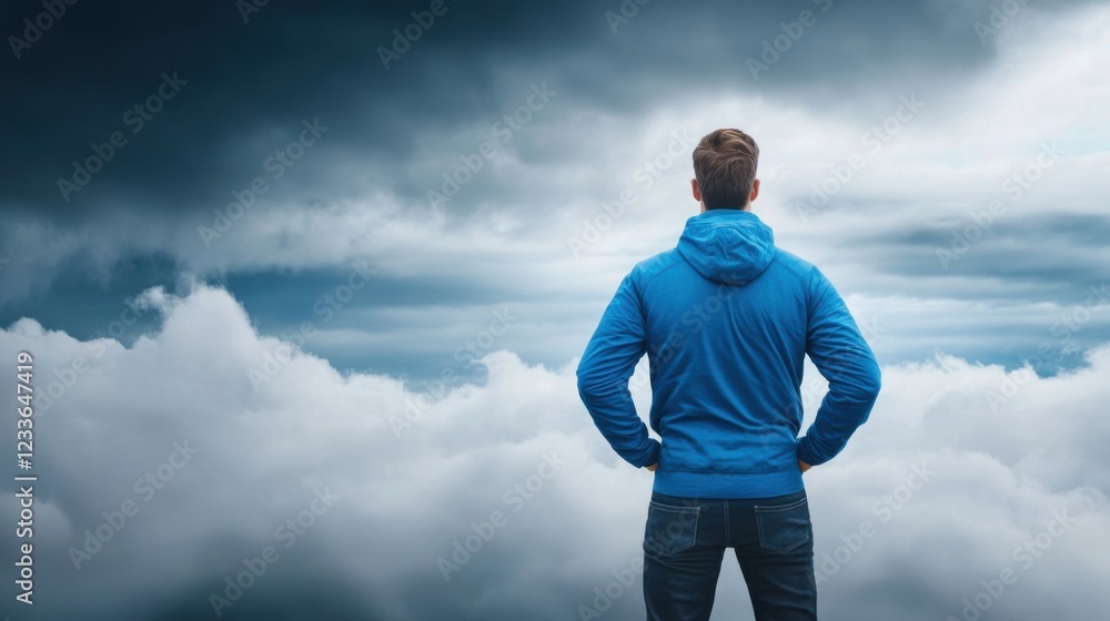 Man in Blue Hoodie Standing on Edge of Clouds with Dramatic Sky in Background Reflects Contemplation and Freedom Man in Blue Hoodie Standing on Edge of Clouds with Dramatic Sky in Background Reflects Contemplation and Freedom