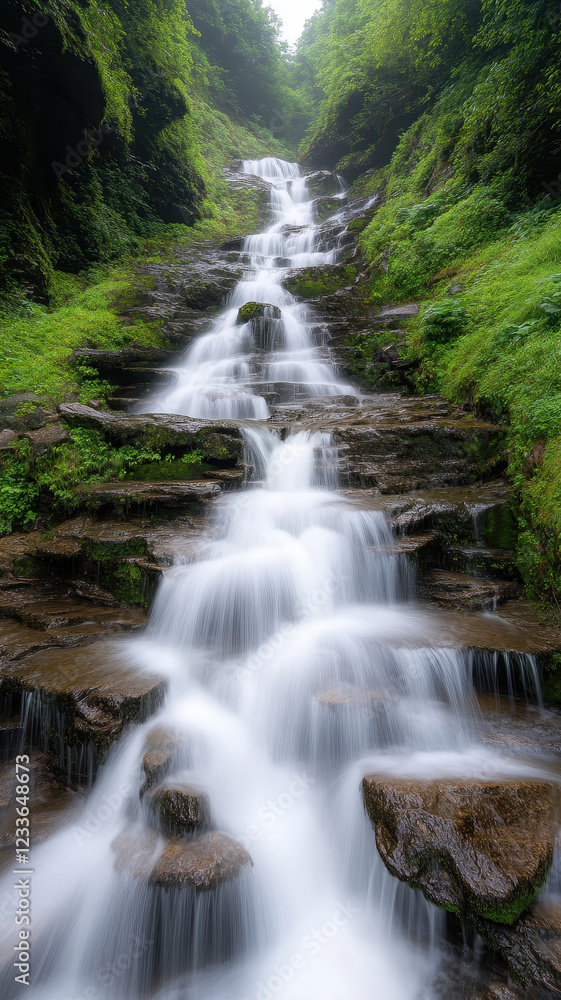 Fototapeta premium Majestic waterfall cascading over mossy cliffs, surrounded by lush greenery, creates serene and tranquil atmosphere. flowing water enhances natural beauty of landscape