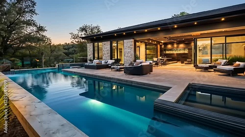 Elegant modern home with pool at sunset, showcasing outdoor living and serene surroundings