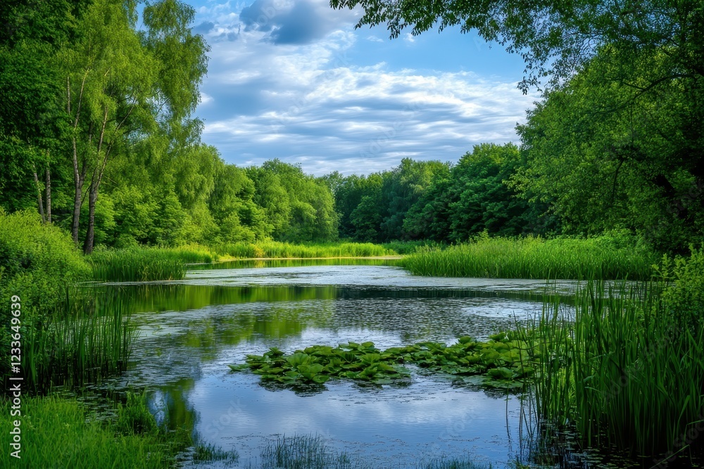 Serene lake, lush forest, summer sky, calm water, nature poster Serene lake, lush forest, summer sky, calm water, nature poster