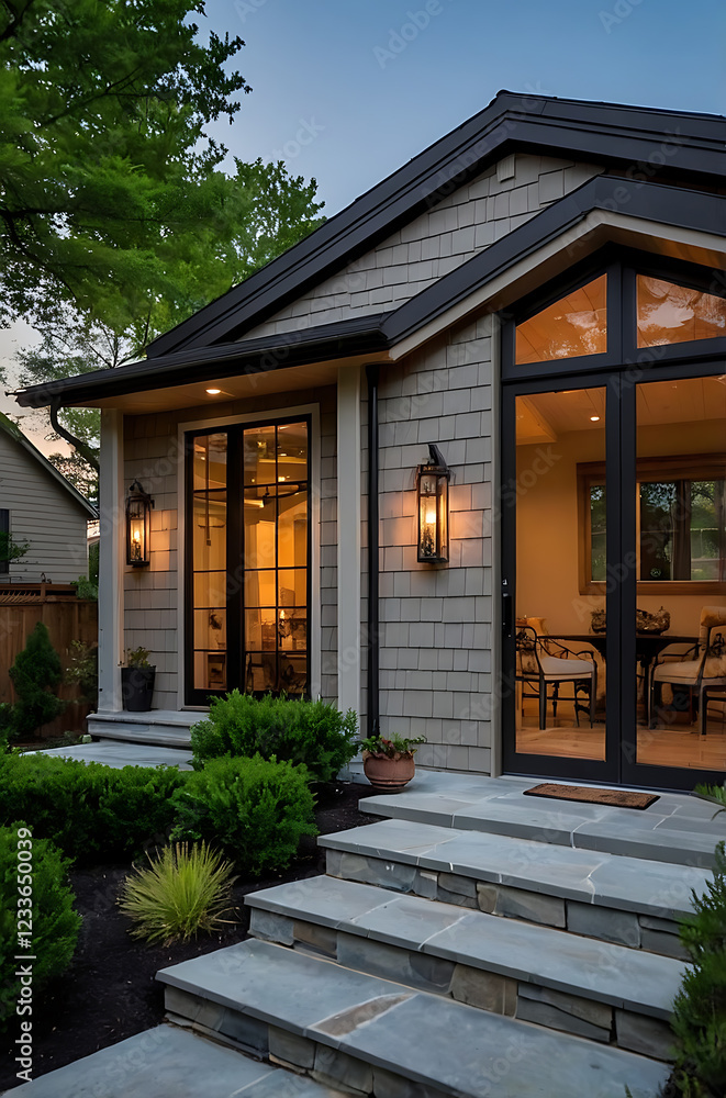 Obraz premium Luxury Home Exterior Design: Modern Architecture and Landscaping at Dusk