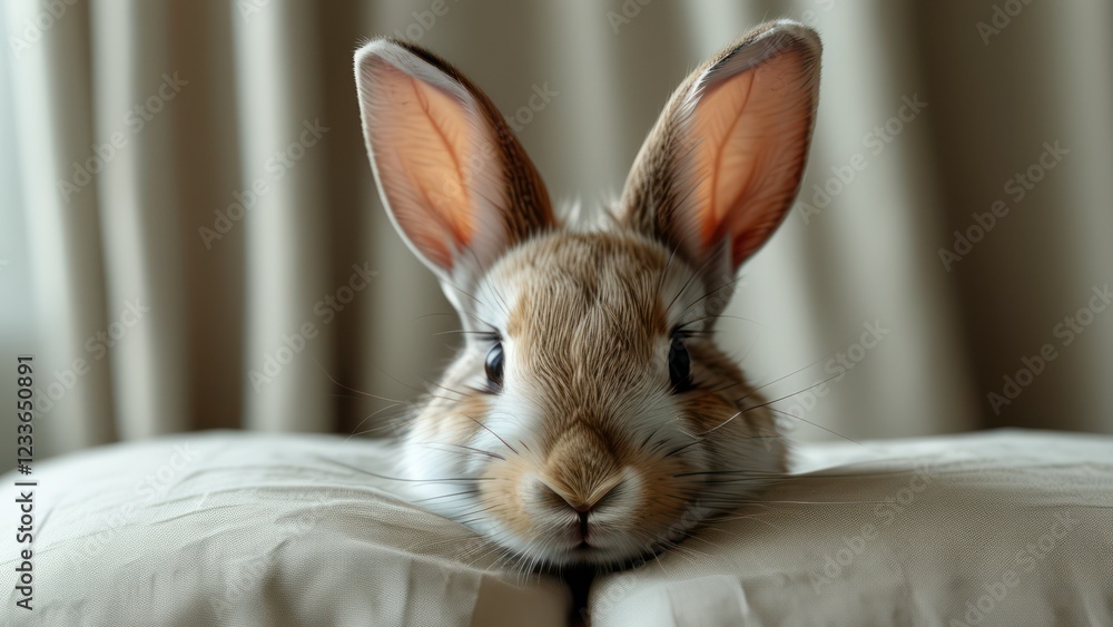 Obraz premium Rabbit resting on pillows with soft, neutral background creating a cozy and tranquil atmosphere, showcasing warmth and companionship