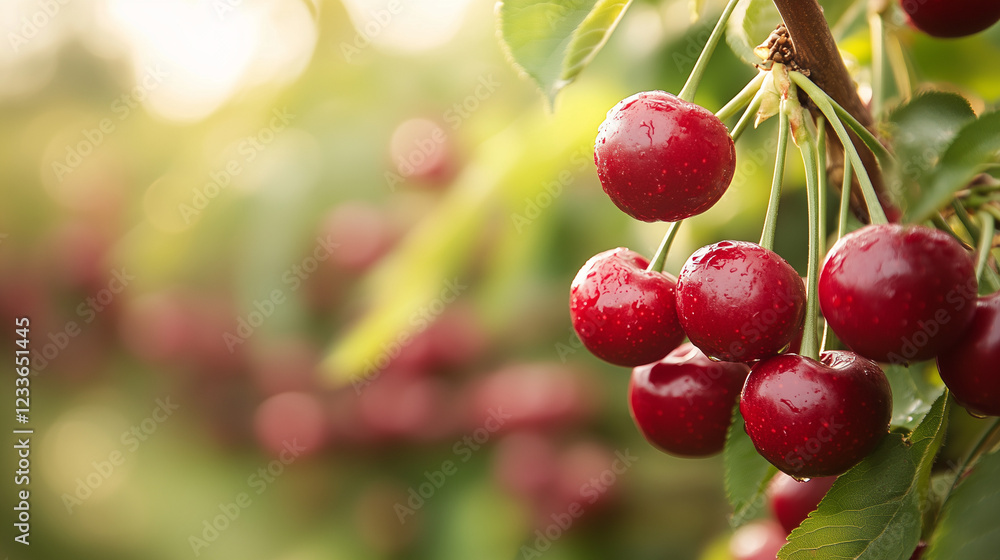 Obraz premium Fresh red cherries on tree branch in sunlight.