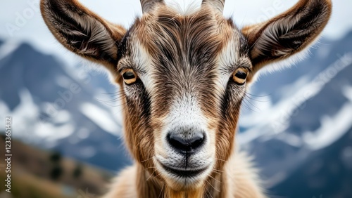 Cute goat portrait with mountains in background  Represents nature, wildlife, and domestic farm life  Ideal for animal related projects