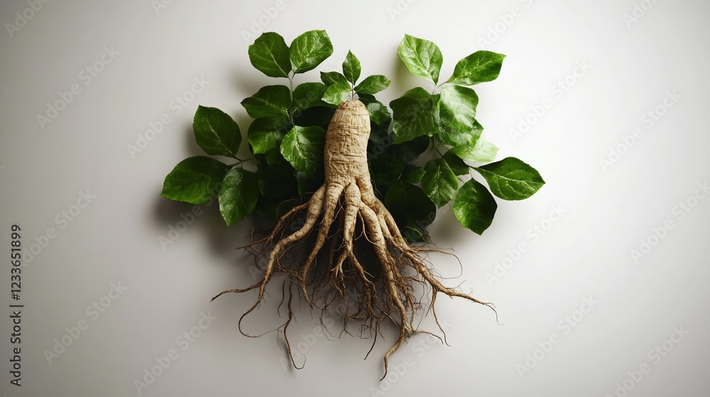 Obraz premium Ginseng Root and Leaves: A Botanical Study