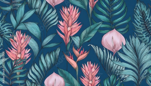 Vibrant Tropical Pattern with Bird of Paradise, Selenicereus chrysocardium, and Hoya obovata in a Lush, Exotic Scene, Creating an Eyecatching Design Element for Interiors or Graphics. photo