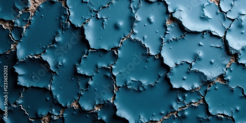 Cracked, peeling texture in shades of dark and light blue, revealing an intricate play of colors on its uneven surface photo