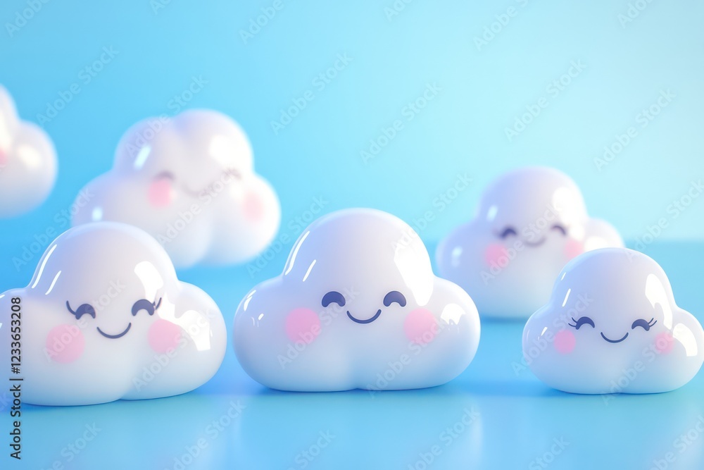 A set of cartoon clouds with a glossy 3D look, rendered in a cute, kid-friendly style. A set of cartoon clouds with a glossy 3D look, rendered in a cute, kid-friendly style.