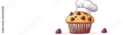 A chocolate chip muffin cartoon with a chef s hat, creative and playful theme, isolated on white background photo