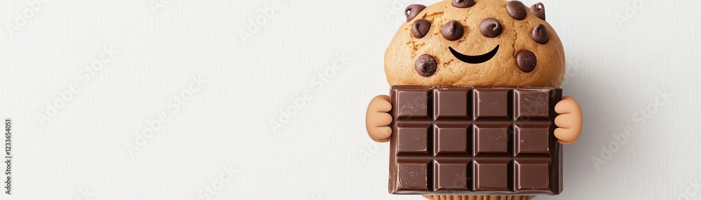 Fototapeta premium A chocolate chip muffin cartoon character holding a spoon, cute and animated style, isolated on white background