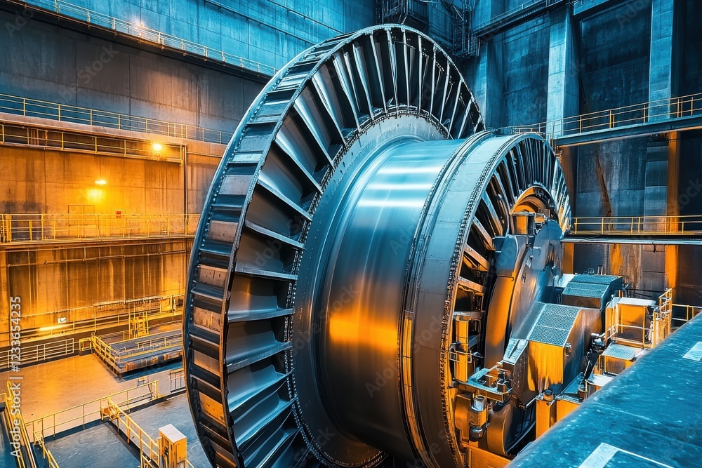 Fototapeta premium Industrial Turbine Components in a Large Power Generation Facility with Illuminated Machinery and Modern Engineering Features