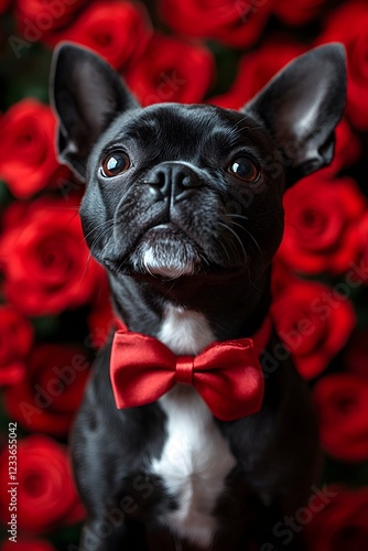 Wallpaper Mural Elegant French Bulldog in Bow Tie Surrounded by Red Roses Torontodigital.ca