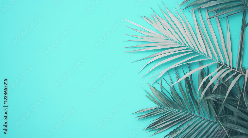 Obraz premium Tropical Serenity: A vibrant turquoise backdrop is enhanced with lush green palm fronds arranged for a natural and tropical aesthetic. This vibrant scene offers a modern, fresh and minimalistic feel.