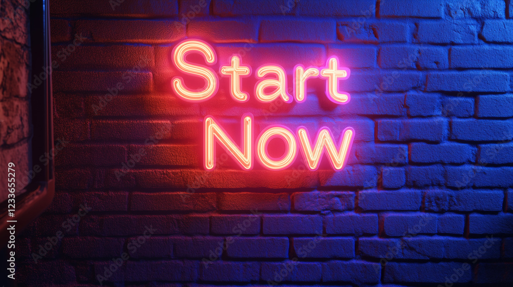 bright neon sign reading Start Now glowing in dark alley evokes mystery and decision making bright neon sign reading Start Now glowing in dark alley evokes mystery and decision making